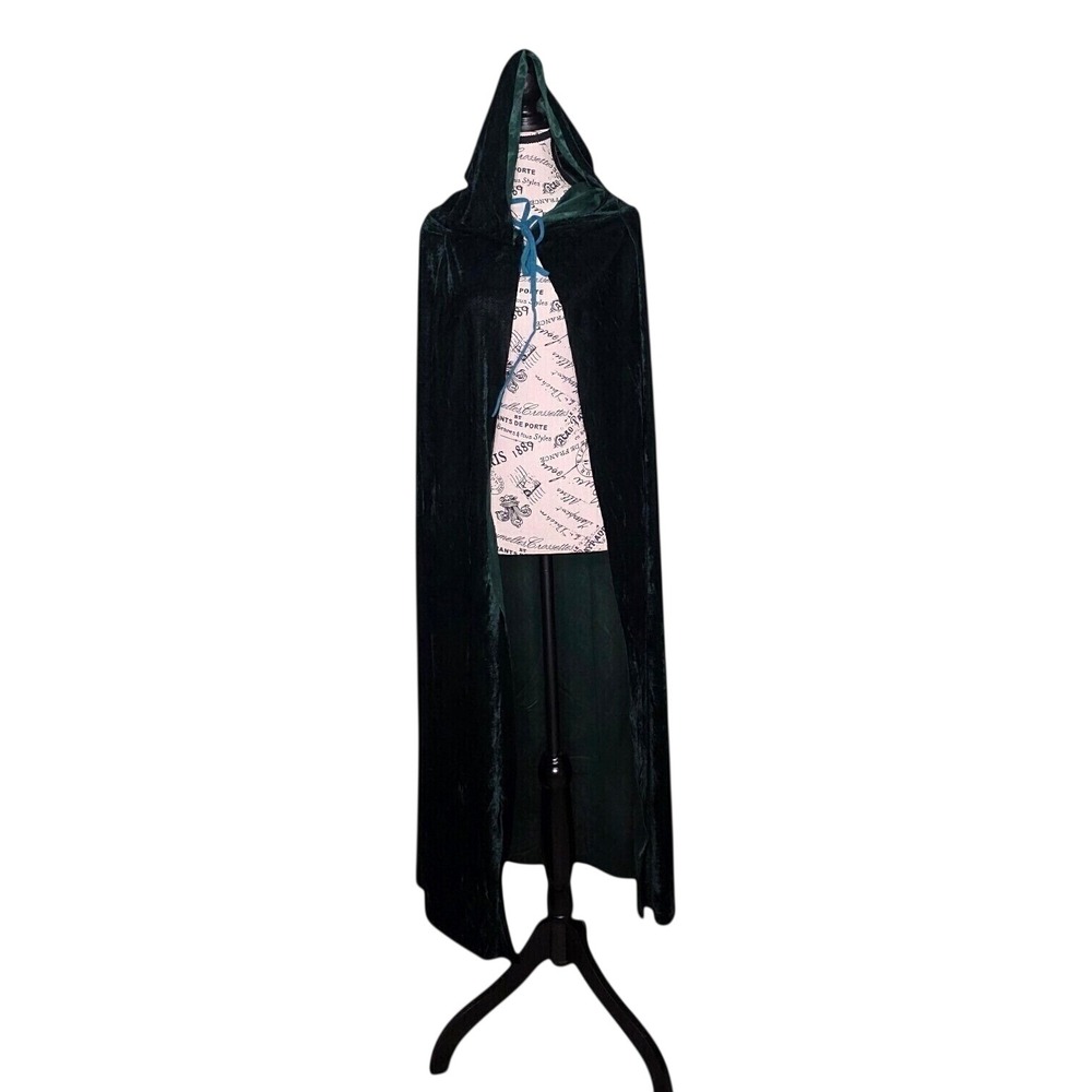 Dark Green Velvet-Look Hooded Cloak Cape Whimsigoth Witch Ren Faire 47in